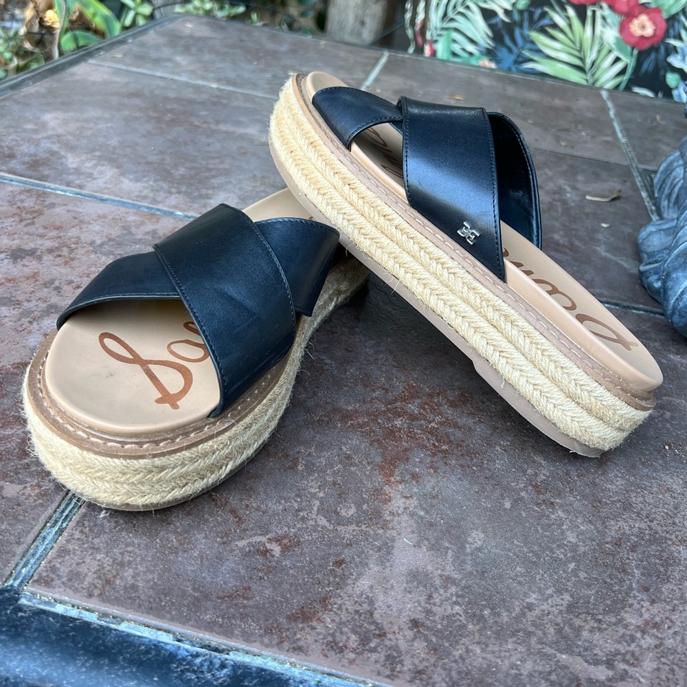 Sam Edelman Korina chic platform sandals  espadrille black leather 9M